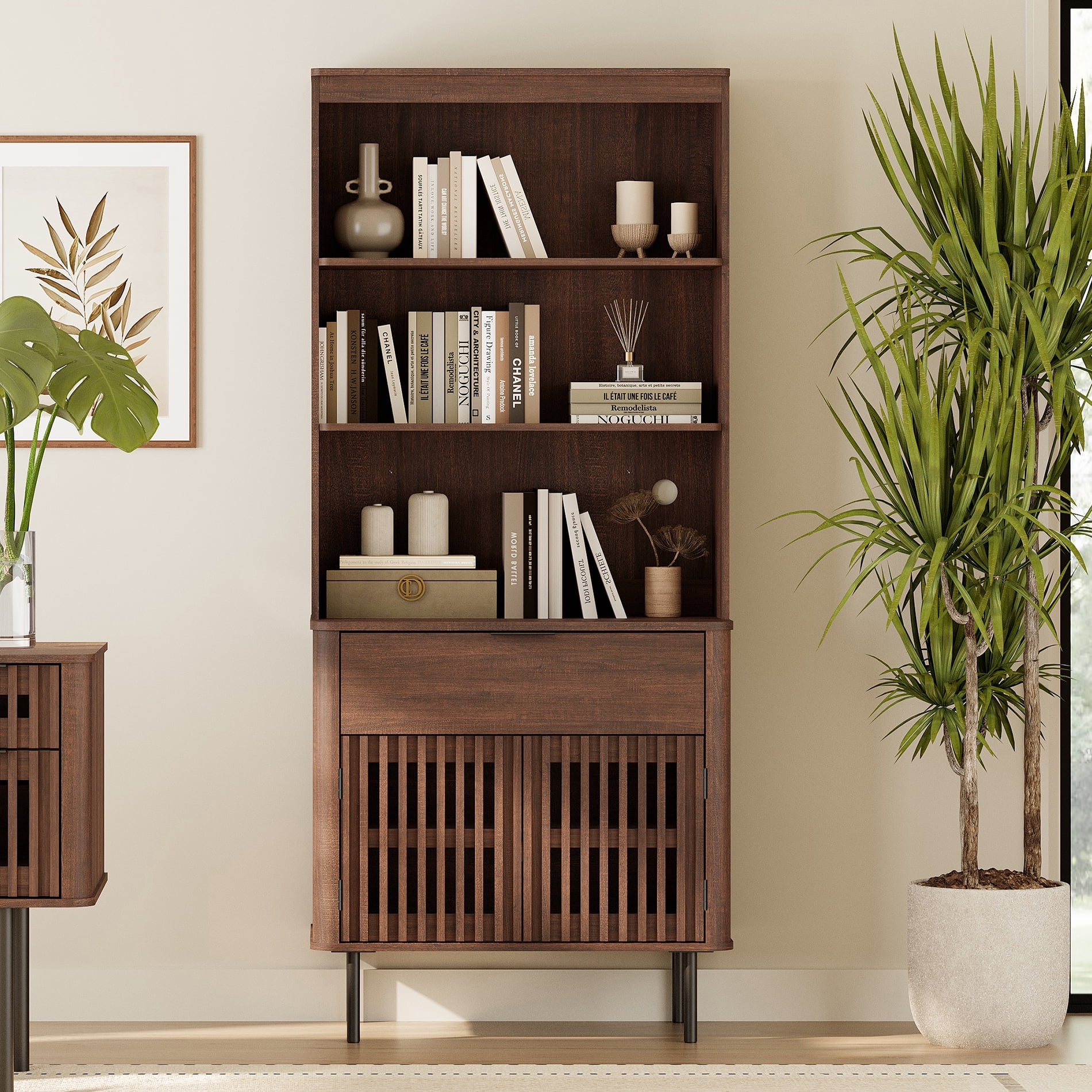 72.8 Inch Tall Bookshelf with Storage Cabinet, 3 Tier Bookcase with Drawer & Adjustable Shelf, Walnut