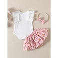 thumbnail image 4 of Baby Girls Summer Outfit Sets Ruffle Sleeve Ribbed Romper + Floral Culottes + Headband, 4 of 9