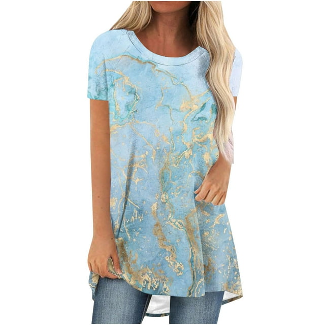 Pompotops Femmes Été Col Rond Ample Tops Casual Imprimé Manches Courtes Chemisier Dégagement