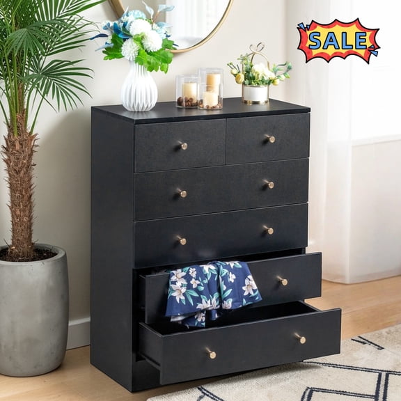 Tcbosik Dresser with 6 Storage Drawers, Chest of Drawers for Closet, Bedroom, Living Room, Easy Assembly, Black