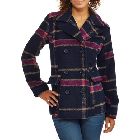 Large Classic Wool - Maxwell Studio Women's Faux Wool Classic Plaid Double-Breasted Peacoat