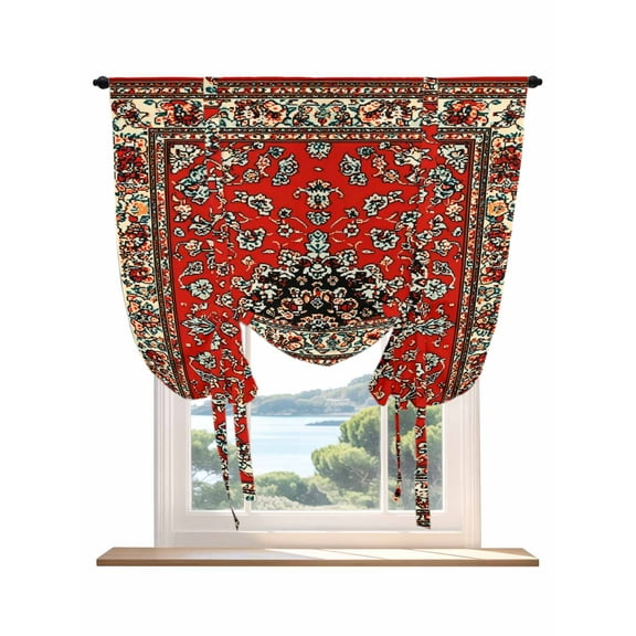 Red Boho Tie Up Curtains for Windows 45 Inch Length Balloon Curtains Kitchen Adjustable Balloon Window Shade Vintage Farmhouse Abstract Floral Aesthetic Tie Up Valance Bathroom Curtain Window 34"x45"