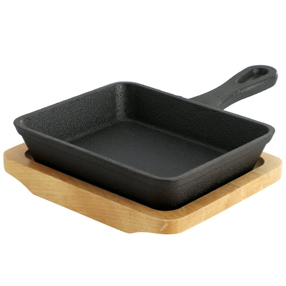 MegaChef Mini Cast Iron Square Pan with Wood Tray