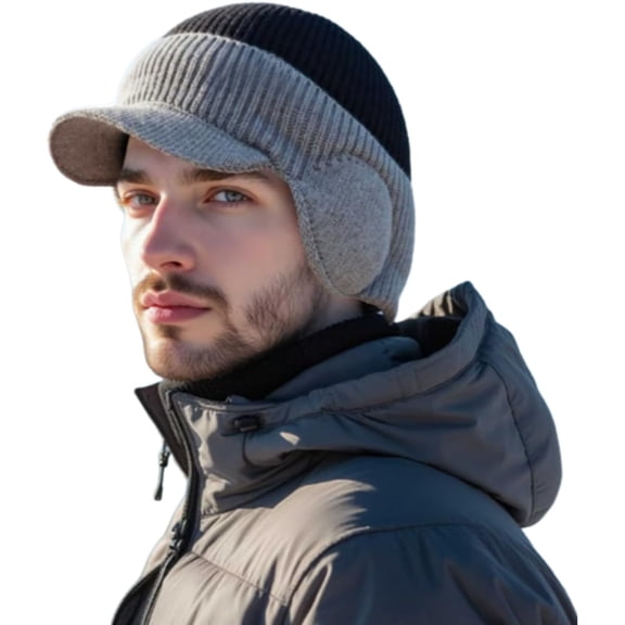 Windproof Thermal Cap with Visor - Fleece Lined Knitted Earflap Hat for Men & Women, Cold Weather Beanie for Outdoor Winter Activities