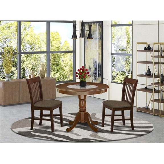 36 in. Antique Round Kitchen Table & Two Linen Fabic Seat Dining Chairs - Mahogany, 3 Piece