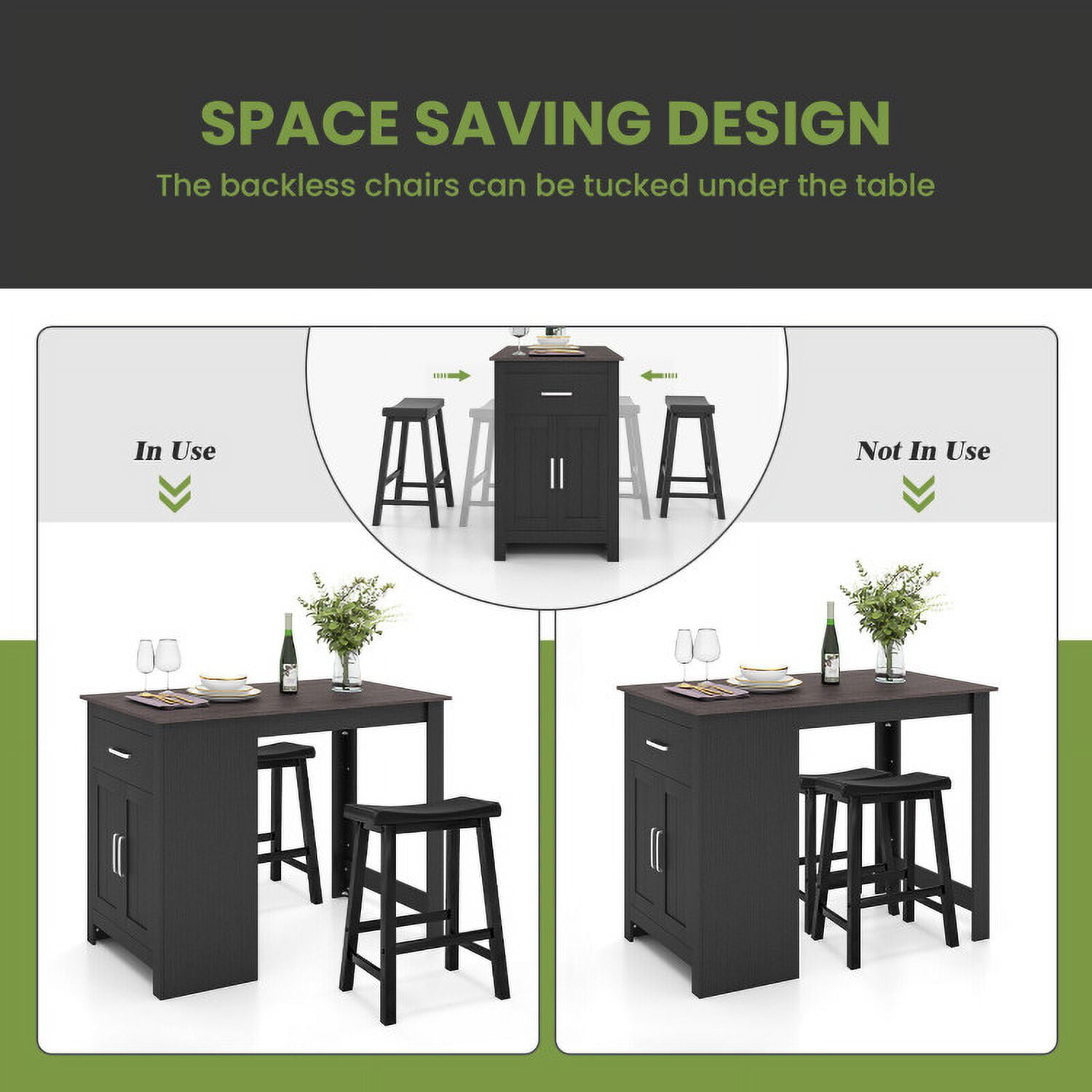 Finihen Dining Set, Dining Table Set, 3-Piece Bar Table Set for 2 with 2 Saddle Stools for Dining Room, for Home, Restaurant, Black Finihen Dining Set, Dining Table Set, 3-Piece Bar Table Set for 2 with 2 Saddle Stools for Dining Room, for Home, Restaurant, Black