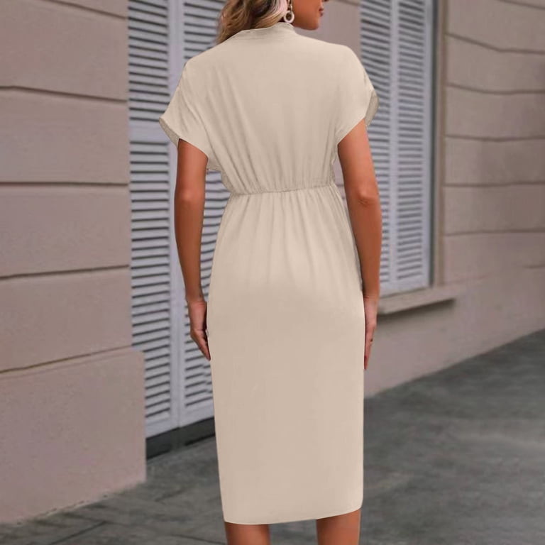 cocktail dress for work function Karymi Spring Dresses Solid Elegant Satin Deep V-Neck Twist Waist Midi Dress, Short Sleeve Wrap Hem Party Dresses for Women Monitor_disable:2026-06-02 03:55 Color:Look Yee (Black)/ Black Trim Pretty Beige Floral Print Business casual cocktail 25 (lbs.) Bust