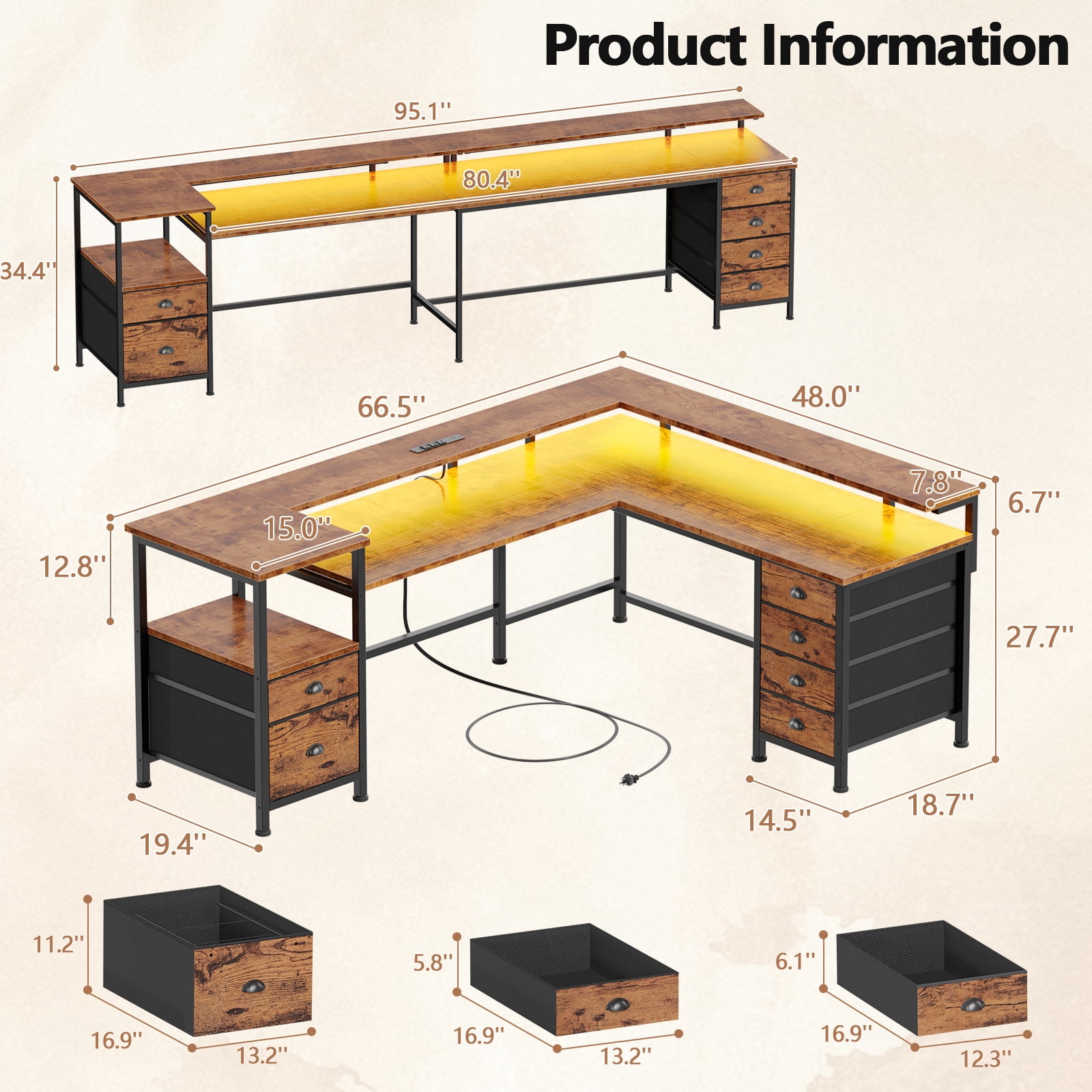 Sarifur L Shaped Computer Desk with Charging Station and LED Lights, 66 inch PC Table Study Desk 6 Drawers for Bedroom,Office Rustic Brown