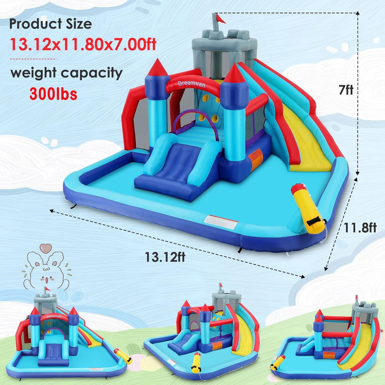 Veeboto Inflatable Bounce House for Toddlers with Blower, Inflatable Water Slide with Bouncing Slides, Climbing Wall, Bouncing Area, Basketball Hoop, Water Gun, Inflatable Castle with Football Area