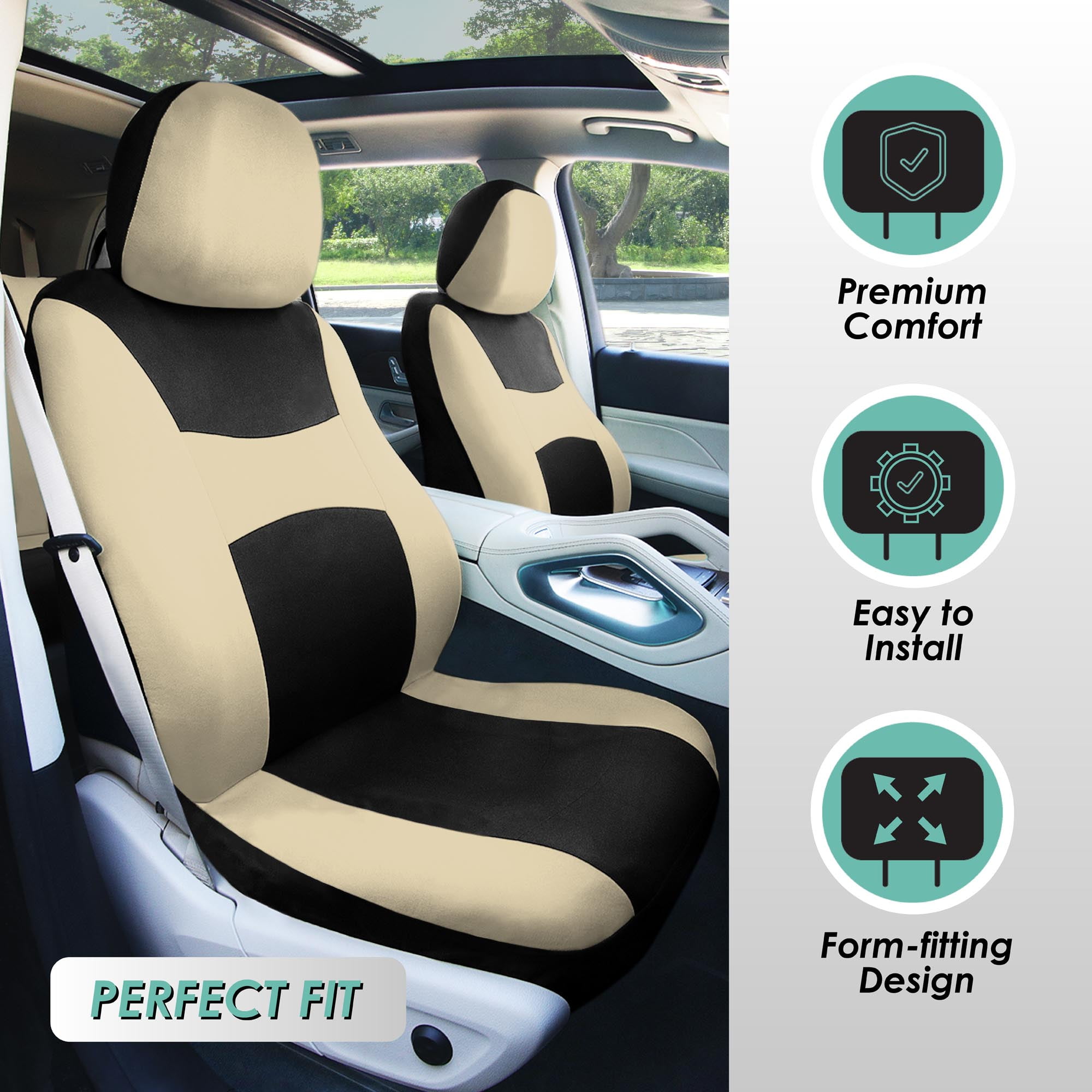 FH Group Light & Breezy Flat Cloth Car Seat Cover Set For Car Truck SUV Van Beige - Front