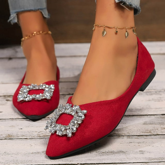 Ladys Single Shoes Bling Rhinestone Decoration Suede Surface Soft Sole Pointy Toe Princess Dressy Flat Shoes New Large Size Diamond Buckle Comfortable Slip on Casual Shoes Red