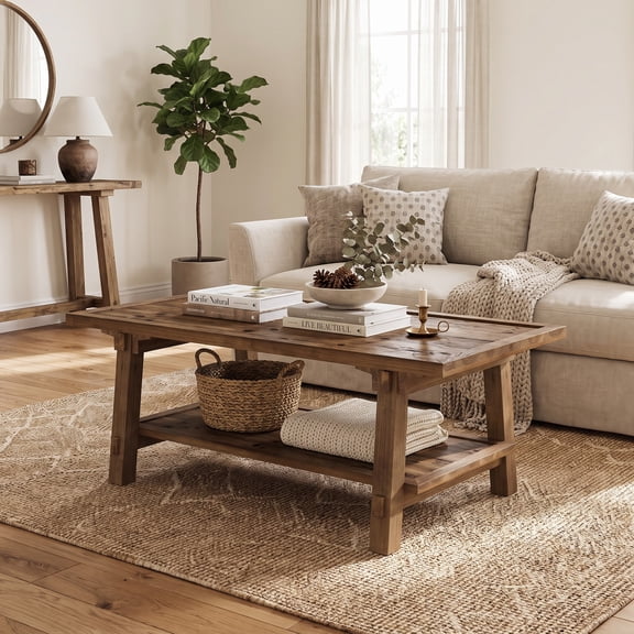 Fnova 47 Inch Solid Wood 2-Tier Farmhouse Coffee Table with Storage Shelf, Rustic Rectangle Center Table for Living Room, Office, Apartment, Vintage Brown