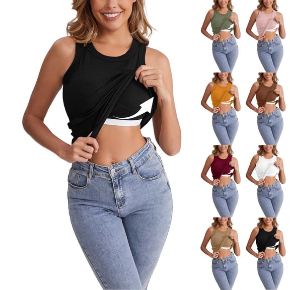 Miorin Women Crew Neck Ribbed Crop Tank Tops with Built-in Padded Bra, Wide Strap Wireless Shelf Bra Undershirt, Solid Color Sleeveless Layering Cami for Summer Daily Casual Outfits, Brown L