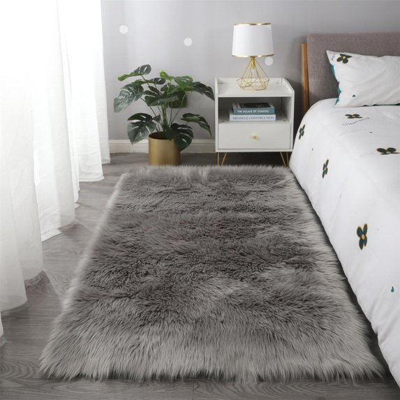 Ultra Soft Fluffy Rugs Faux Fur Sheepskin Area Rug Modern Indoor High Pile Non-Slip Carpet for Bedroom Bedside Living Room Nursery, 60x35.5 inch, Light Gray