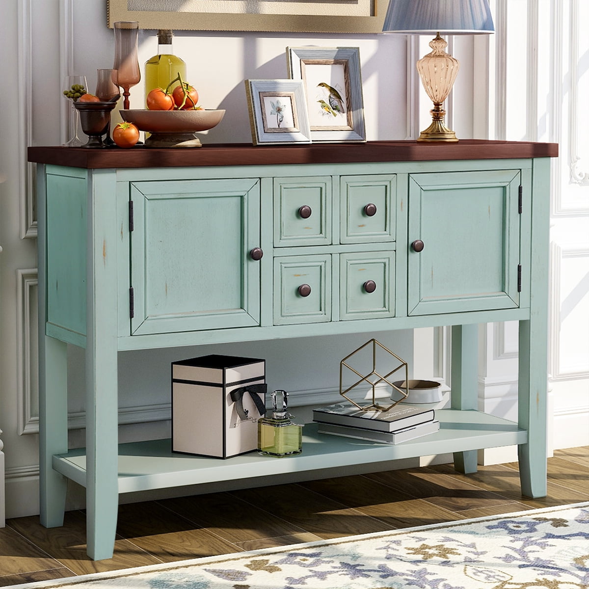 46" Console Table with Drawer for Entryway, Buffet Cabinet Sideboard with 2 Cabinets and Bottom Shelf, Wood Console Table Storage Cabinet for Dining Room Home Furniture, Retro Blue