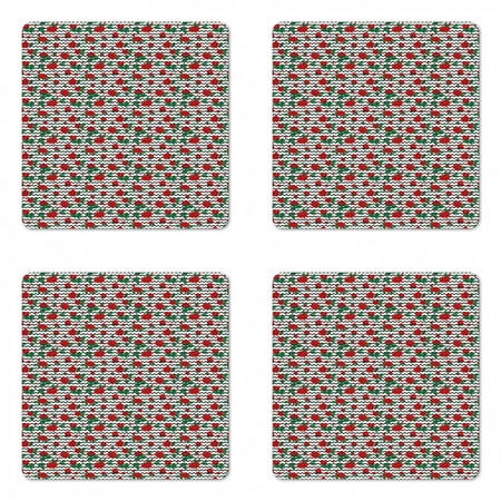 

Rose Coaster Set of 4 Romantic Roses in Full Blossom on Monochrome Chevron Zig Zag Stripes Square Hardboard Gloss Coasters Standard Size Jade Green Vermilion by Ambesonne