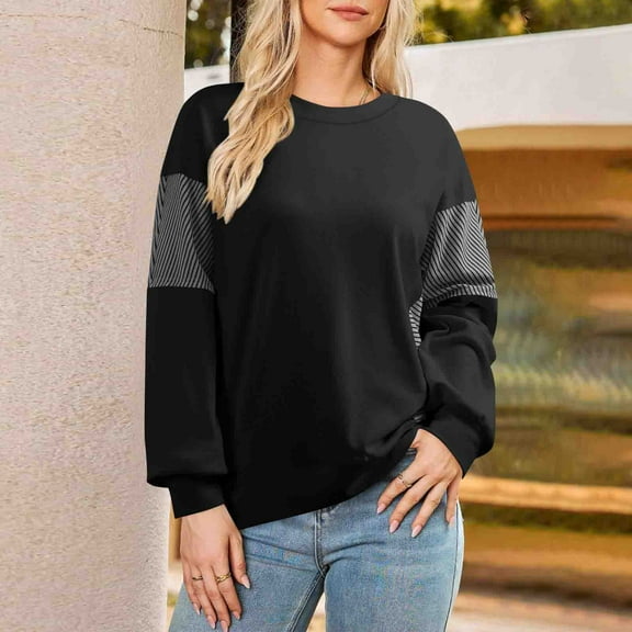 Womens Sweatshirts Cotton Crew Neck Casual Long Sleeve Pullover Tops Black L