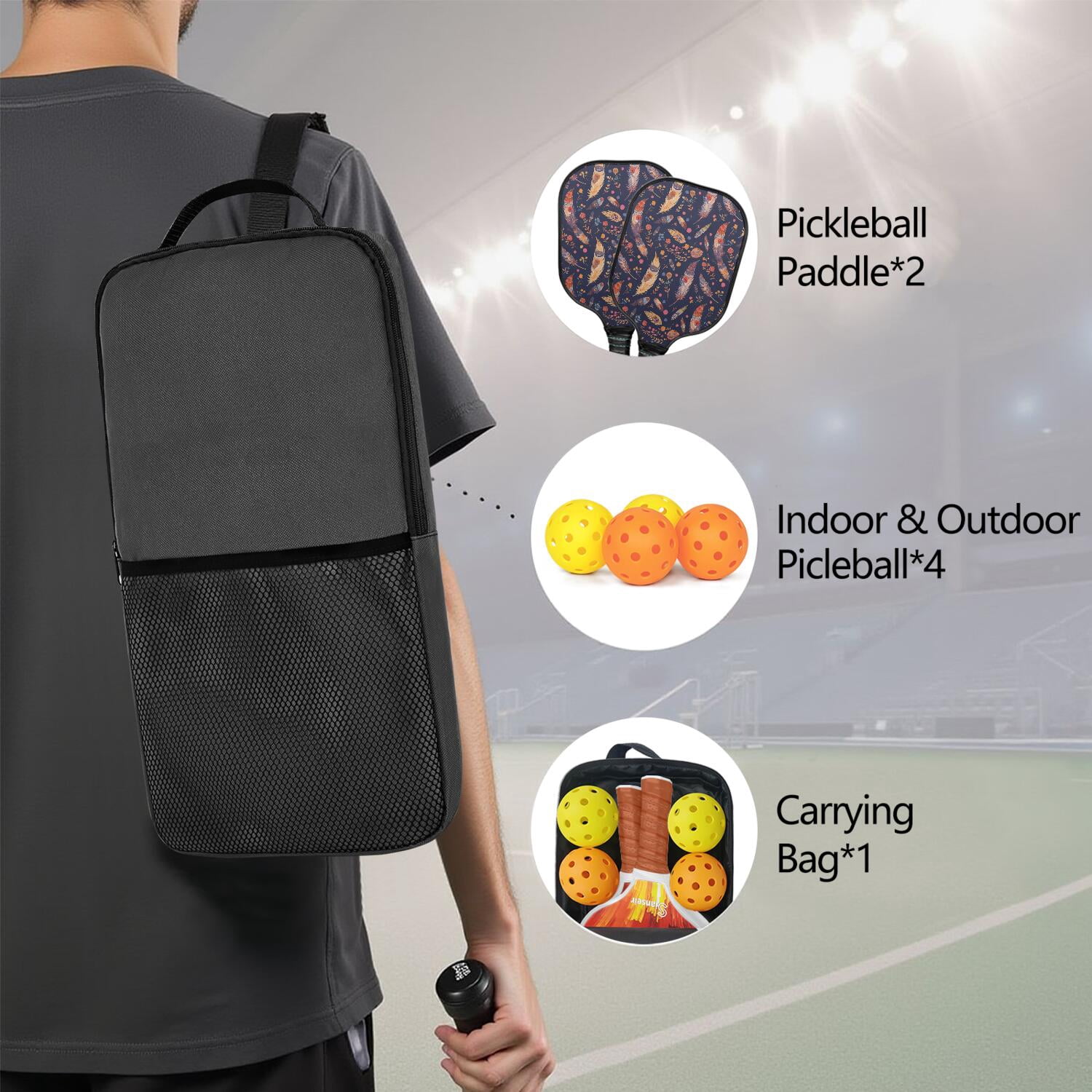 Pickleball Paddles Set Of 2, Fiberglass Surface, Colorful Feather Print, 4 Balls & Bag