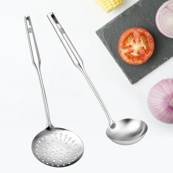 RJ Legend Kitchen Gadget Food Grade 304 Stainless Steel 15.2 In. Length/4.5 In. Diameter Slotted Spoon (2PC) and 14.2 In. Length/3.7 In. Diameter Soup Ladle (2PC) with Heat Resistant Handle , Silver