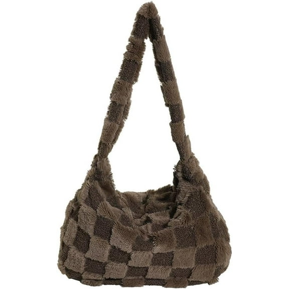 Fluffy Checkerboard Shoulder Bag for Women Plush Plaid Hobo Tote Bag Casual Lightweight Work Shopping Furry Purse