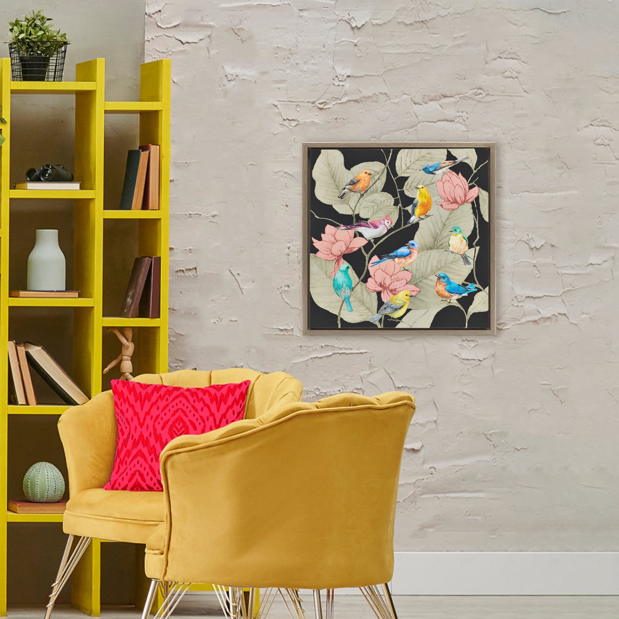 Stupell Industries Colorful Birds & Leaf Motif Brown Framed Floater Canvas Wall Art, design by Lorenzo Collective
