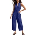 thumbnail image 4 of Cotton Jumpsuits for Women Round Neck Button Sleeveless Summer Rompers Casual Fashionable Solid Color Loose Wide Leg Jumpsuit with Pockets, 4 of 6