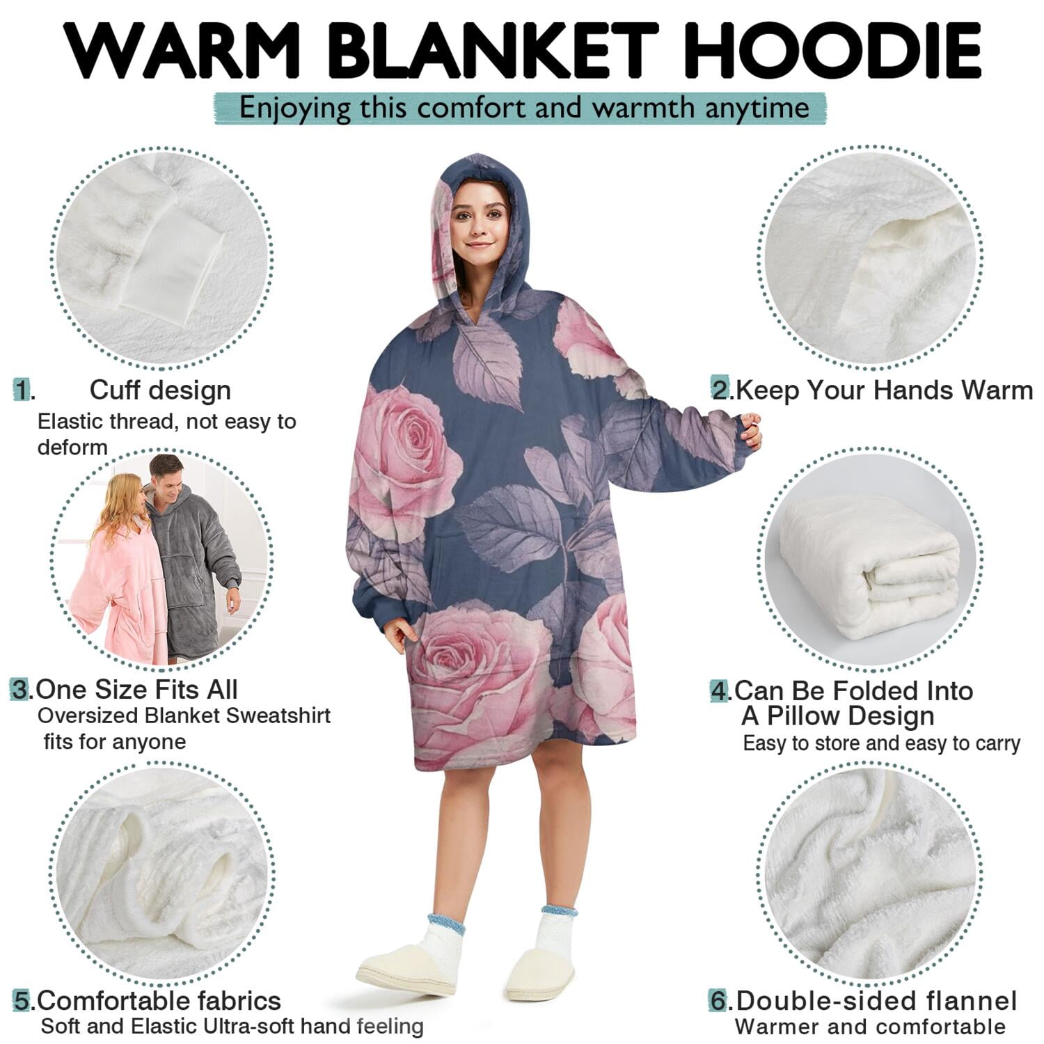 Wearable Oversized Blanket,Pioneer Flower Floral Print Pattern Wearable Blanket Hoodie for Adults,Cozy Hooded Blankets with Super Pockets,Super Warm Fuzzy Pullover for Women & Men
