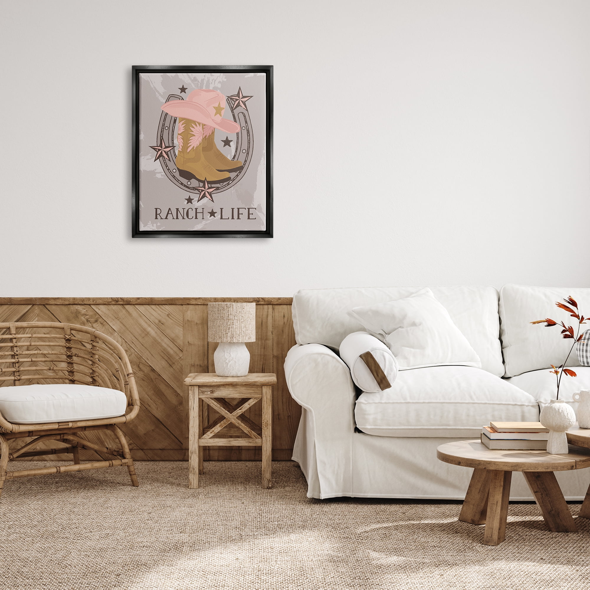 Stupell Industries Ranch Life Cowgirl Horseshoe Nature Painting Black Floater Framed Canvas Art Print Wall Art, 25 x 31