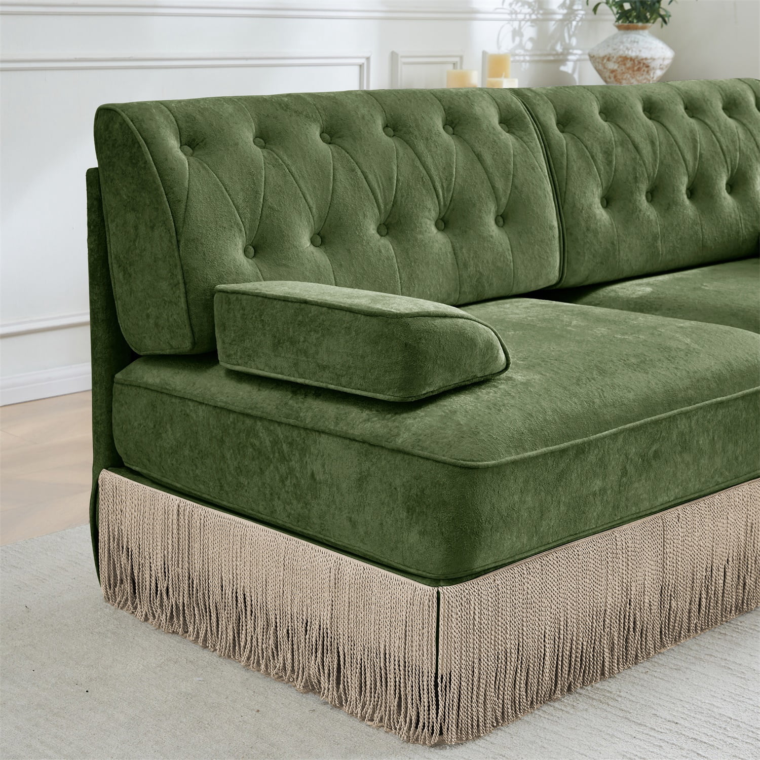 Hommoo Comfort Velvet Fabric Sofa with Left Arm, Button Tufted Design & Floor-grazing Tassel, Green