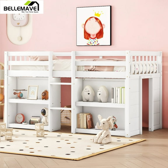 Bellemave Twin Size Wooden Loft Bed with Storage Shelves and LED Light Junior Loft Bed with Guardrails and Playroom Space-saving Low Loft Bed Frame, White