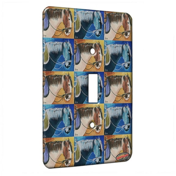 KuzmarK™ Single Gang Toggle Switch Wall Plate - Red Roan Trail Horse Plumb Tuckered Horse Pattern Art by Denise Every