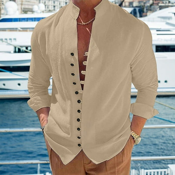 Camisas informales de lino y algodon para hombre camisa de manga larga cuello vuelto Color solido moda primavera y otono 2023 Walmart en linea