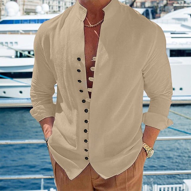 Camisas de lino y algodón para hombre, camisas de manga larga, Color sólido, cuello levantado, estilo informal, talla grande 3XL, primavera y otoño, novedad de 2023