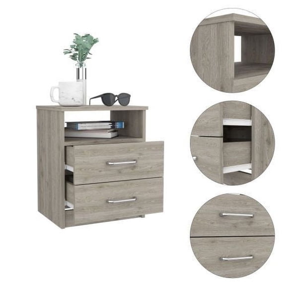 Nmkwnr Wood Beside Table with 1 Open Shelf, 2 Drawers Nightstand for Living Room, Bedroom, Light Gray