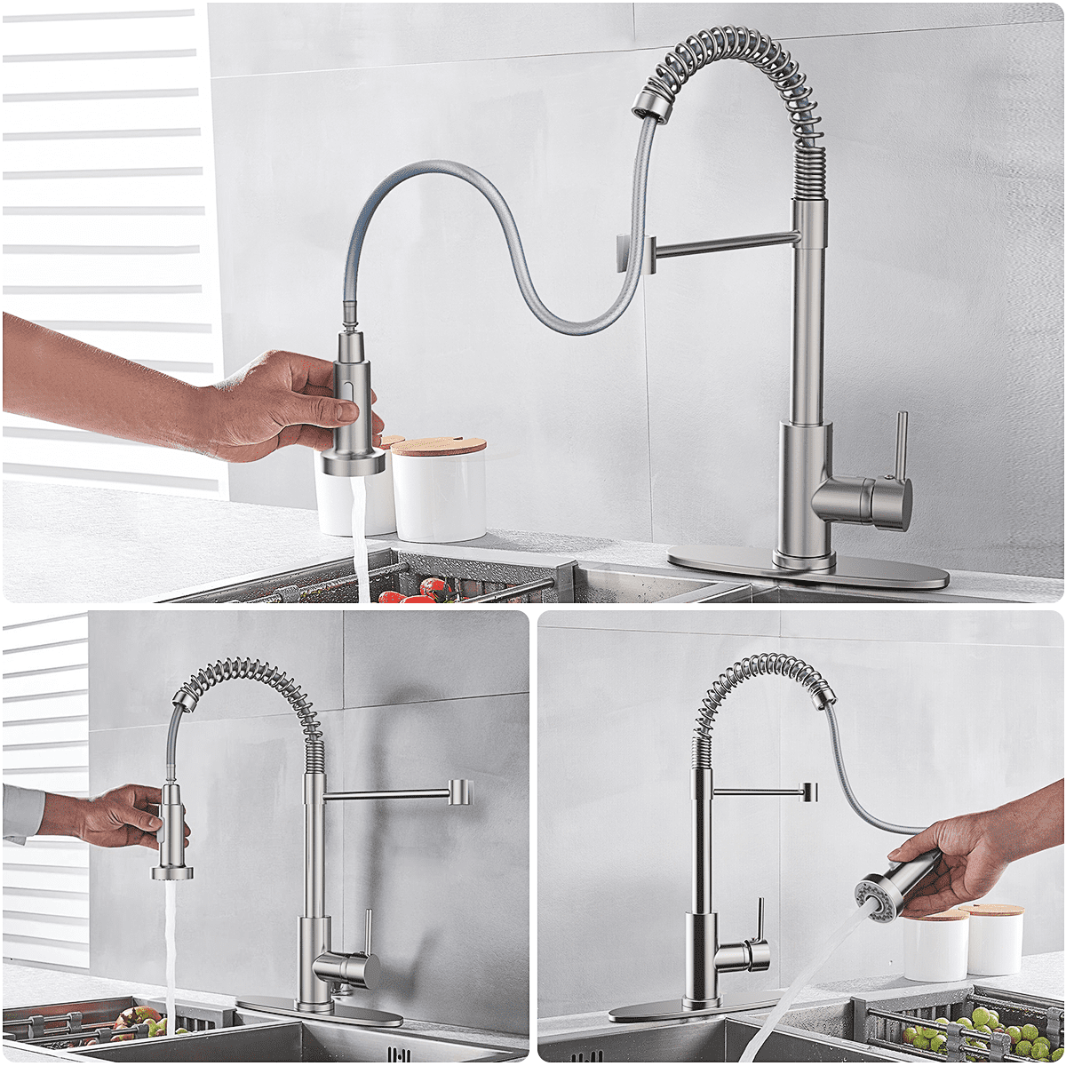 Kitchen Faucet w/ Pull Down Sprayer, High Arc Spring Kitchen Sink Faucet, Modern rv Single Handle Water faucets with Deck Plate&Water Lines, Dual Function for Bar/Laundry/Utility Sink, Brushed Nickel