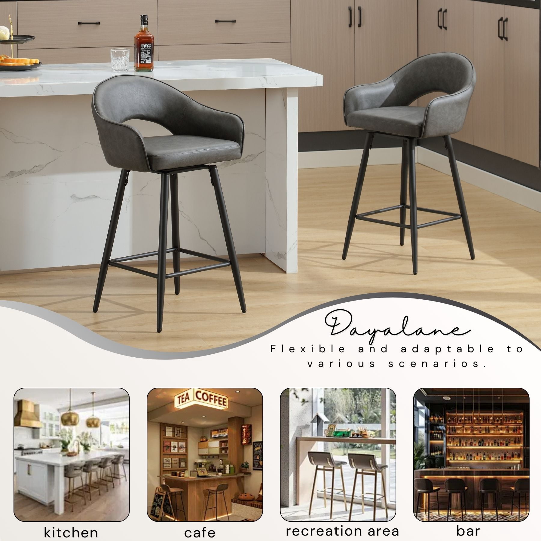 27" Modern Swivel Bar Stools Set of 2, PU Upholstered Counter Height Stools with Metal Legs, Hollow Curved Backrest for Kitchen Island, Home Bar, Bistro,Grey