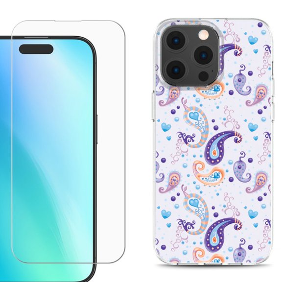 For iPhone 16 Pro Phone Case Cover, Shockproof Case with Tempered Glass Screen Protector, by OneToughShield - Paisley Purple