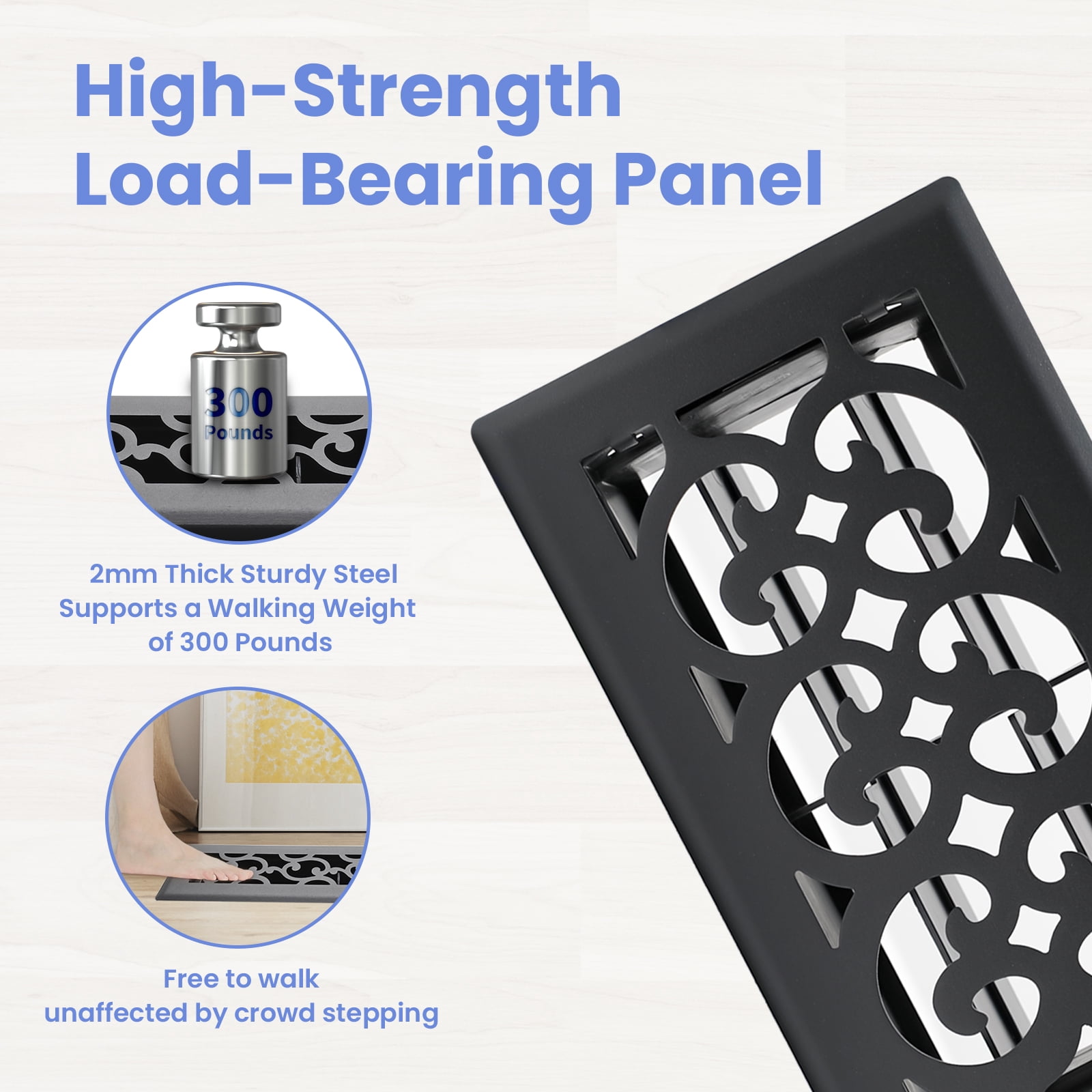 4x8 Inches 2 Pack Heavy Duty Walkable Floor Register Easy Adjust Air Supply Lever Floor Vents - Charlotte Design - Vent Cover for Home Floor - Matte Black