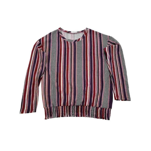 Womens Plum Purple Burgundy Striped Elastic Hem Long Sleeve Shirt T-Shirt Top L