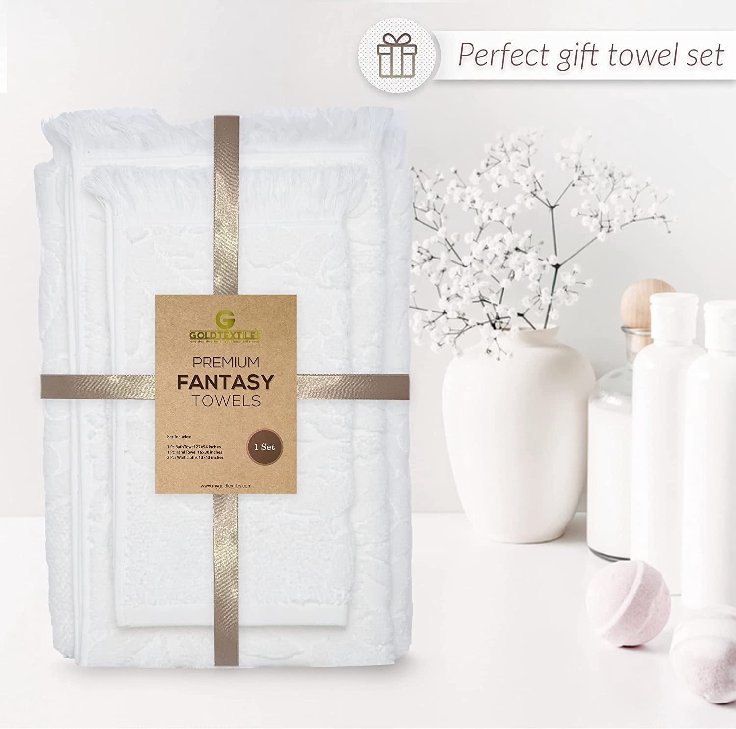 Premium White Fantasy Collection Bath Towel 27x54 Hand Towel 16x30 Washcloths 13x13 Elegance