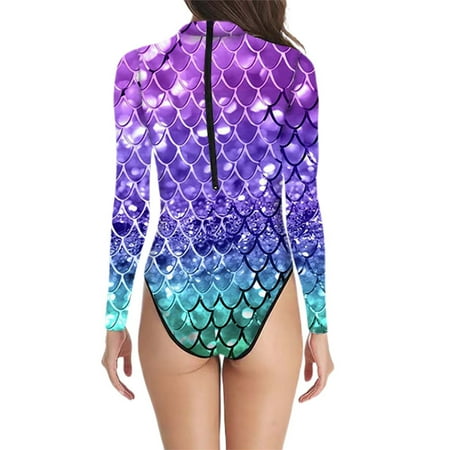 Womens Mermaid One-Piece Swimsuit Fish Scales Print Long Sleeve Swimsuit  Zipper Surfing Rash Guard Swimwear Bathing Suit for Women Beach Vacation Swimwear UPF 50+