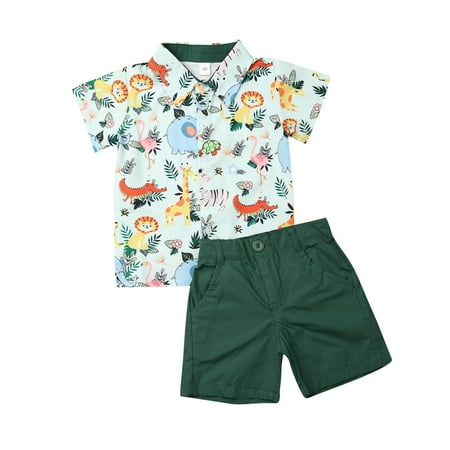 

Caitzr Baby Boys Cartoon Animal Print Short Sleeve Lapel T Shirt Solid Color Button Decoration Breeches Set