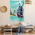 thumbnail image 2 of Blue Nautical Tapestry, Graphic Image of a Pirate Ship on Water near an Island Skull and Bones, Wall Hanging for Bedroom Living Room Dorm Decor, 60W X 80L Inches, Multicolor, by Ambesonne, 2 of 5