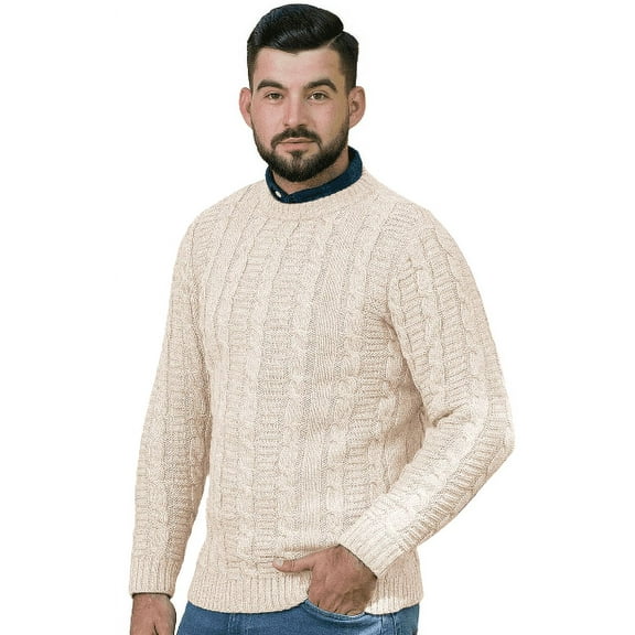 SAOL Aran Sweater Men`s Wool Blend Knit Pullover Fisherman Traditional Jumper from Ireland