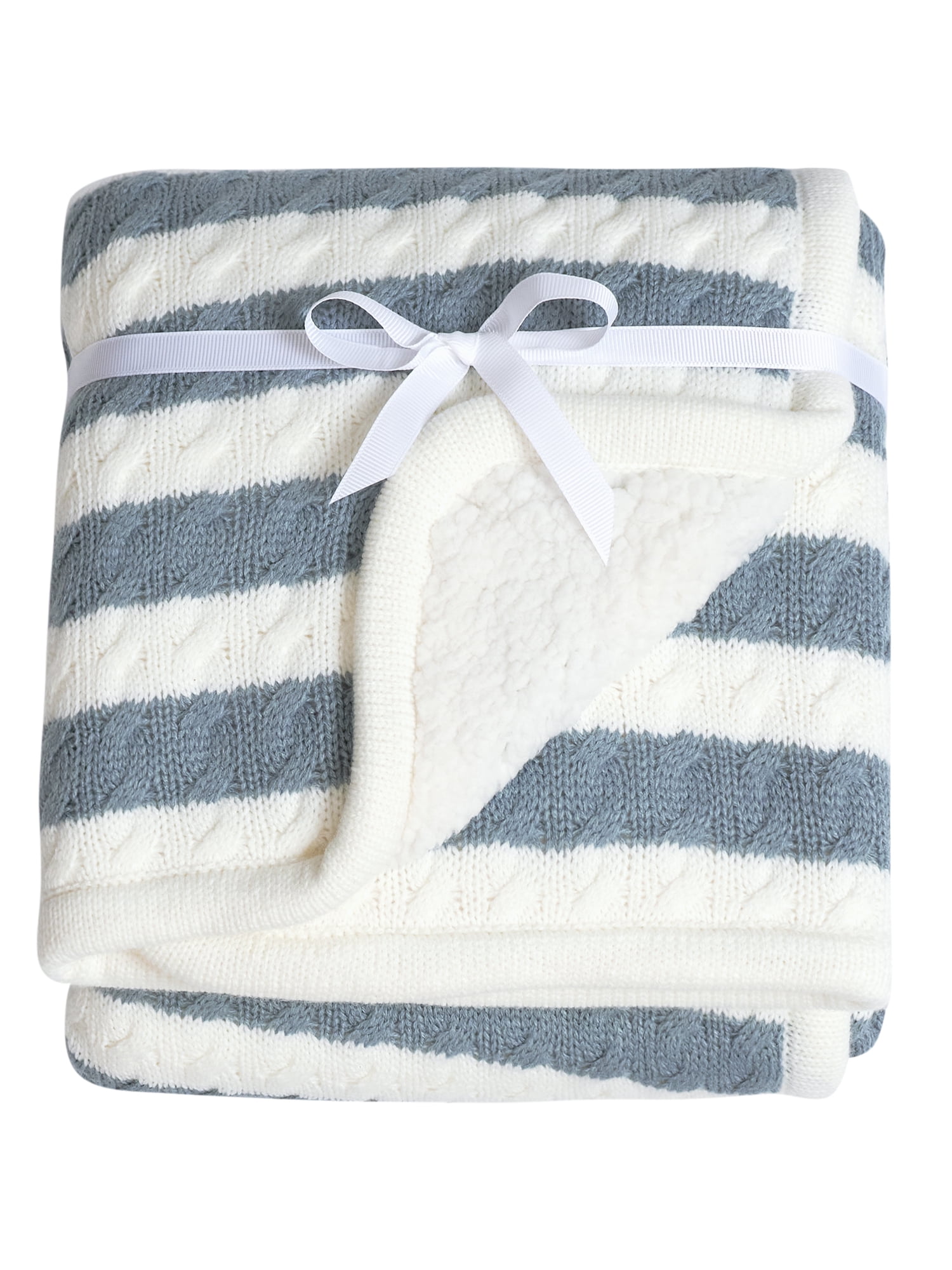 Modern Moments by Gerber Baby Boy or Girl Cable Knit Blanket with Sherpa, Blue Stripes