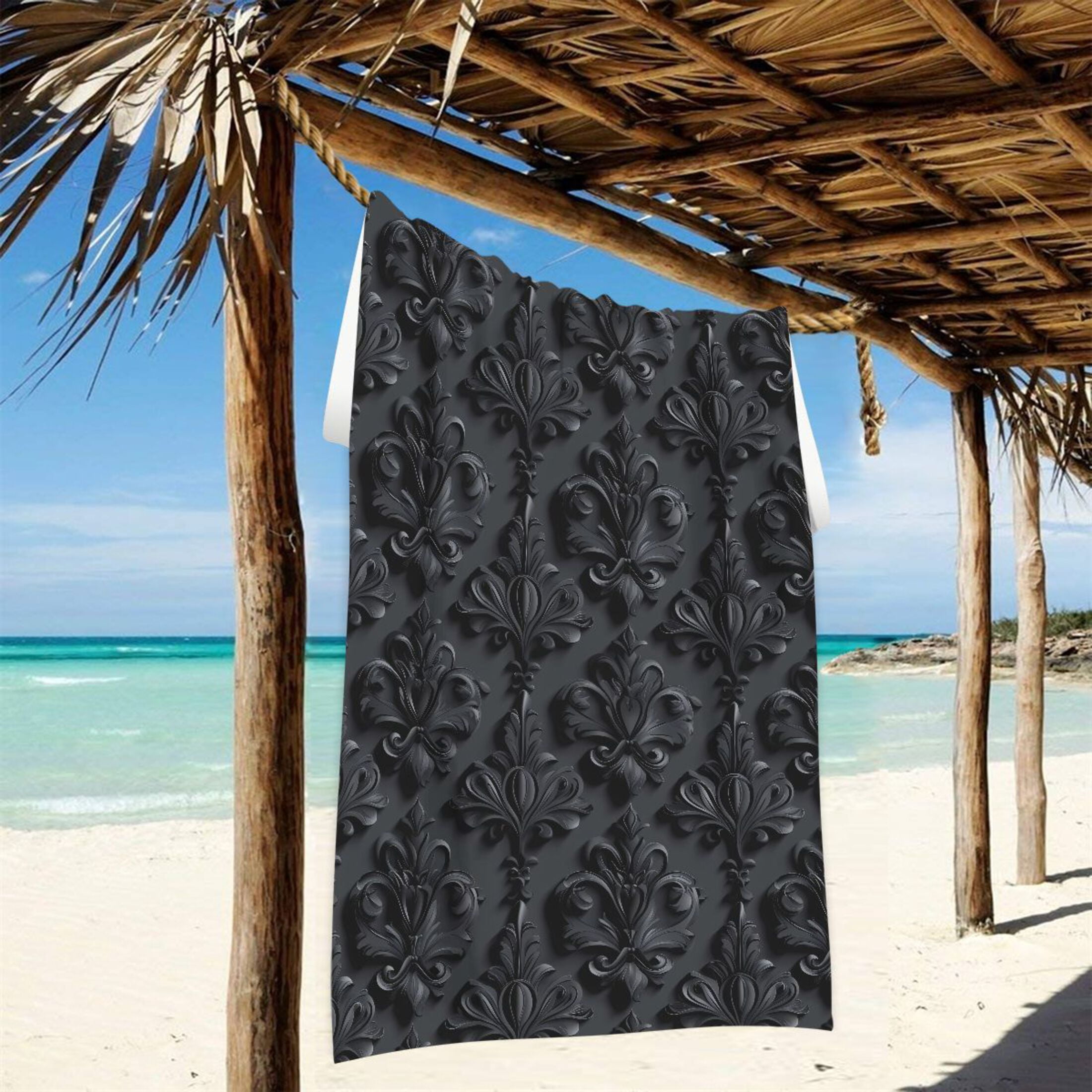 Oversized Beach Towel Extra Large Absorbent Microfiber Bath Towels Soft Quick Drying 3d Dark Black Damask 74"x37"