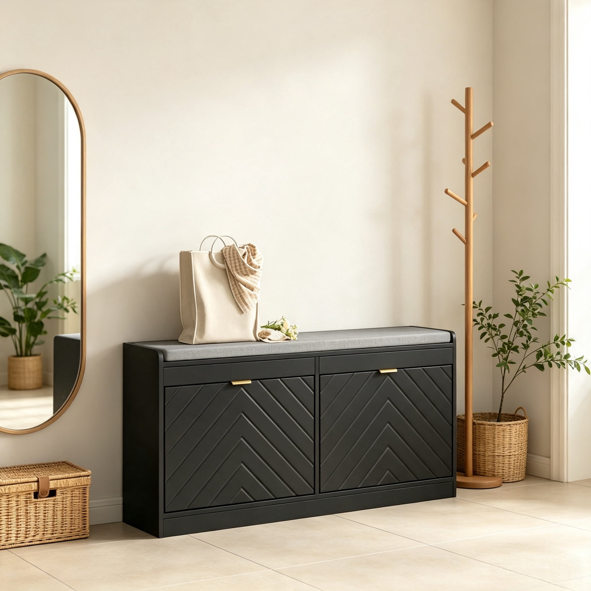 Upholstered Entry Way Bench, Narrow Storage Bench, 2 Flip Drawers, 2 Vents for 8 Pairs of Shoes