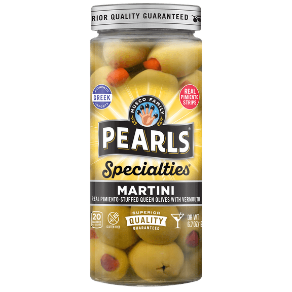 Pearls Specialties Martini Vermouth Olives 6.7 oz. Jar. Major Allergens Not Contained.