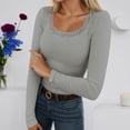 thumbnail image 2 of Likimi Womens T-Shirts With Lace Trim Square Neck Solid Color Long Sleeve T Shirts For Women Slim Fit Comfortable Tops Grey Size L, 2 of 5