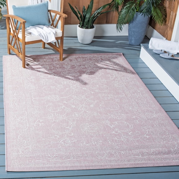 SAFAVIEH Courtyard Darin Botanical Indoor/Outdoor Area Rug, Soft Pink/Ivory, 4' x 5'7"